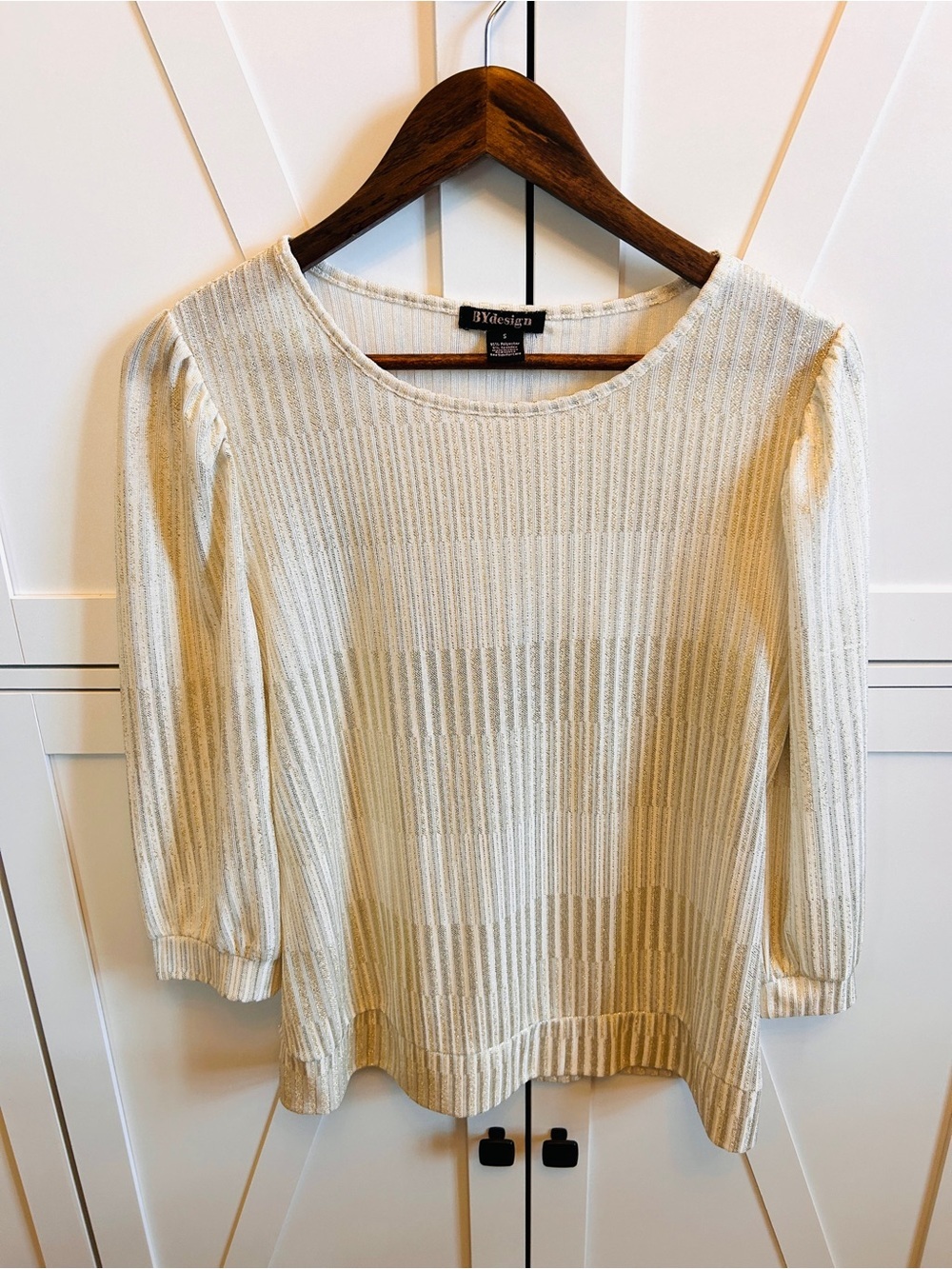 BYdesign Ivory Ribbed Puff Sleeve Knit Top Size Small Stretch Minimalist - Picture 2 of 5